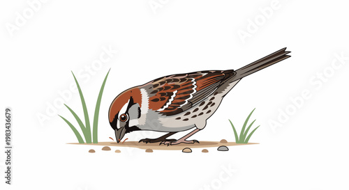 A sparrow pecking at the ground amidst blades of grass