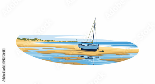 A solitary sailboat rests on a sandy beach, reflected in shallow tidal pools