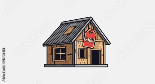 Small wooden house with a red price tag showing "$100