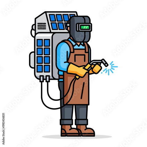Welder with backpack welding equipment, industrial worker illustration