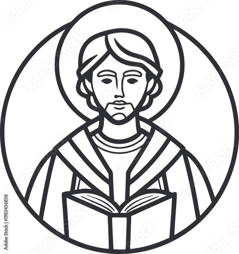 A venerable male saint or apostle holding an open book, depicted with a halo in line art style