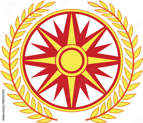 North macedonia republic day badge with sun rays and national flag colors