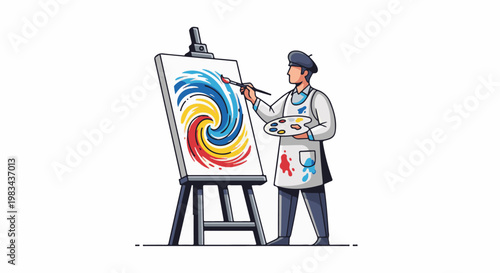 Artist in beret paints colorful spiral on canvas with brush and palette