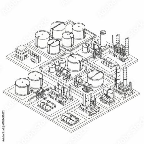 Industrial complex with storage tanks and processing units, isometric line drawing.