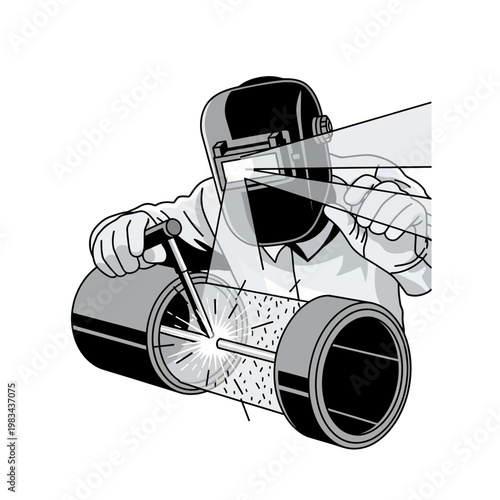 Welder working on metal pipes with sparks, safety mask, and protective gear