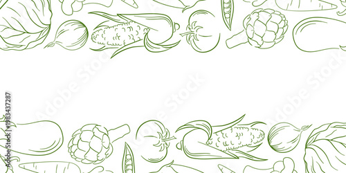 Vegetable border with corn, artichoke, eggplant, tomato, onion, carrot and cabbage in line art style. Illustration isolated on white background for card, package, grocery and healthy store design.