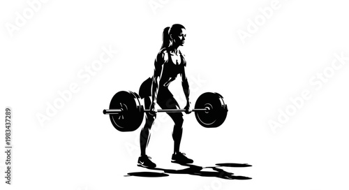 Woman lifting heavy barbell in gym silhouette.