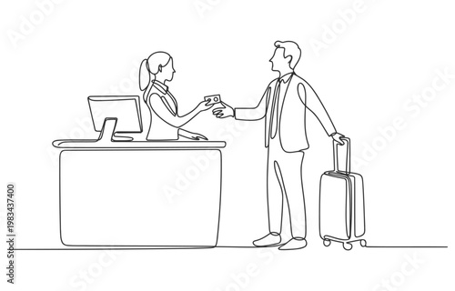Hotel receptionist handing key card to male guest with suitcase check in front desk line drawing single line receptionist check in suitcase computer employee business accommodation