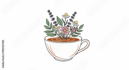 A whimsical teacup overflows with a bouquet of lavender, daisies, and pink flowers