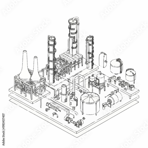 Isometric line drawing of a chemical processing plant with distillation towers and tanks.