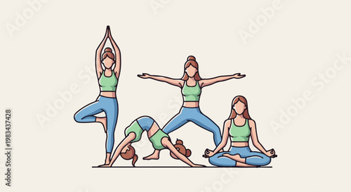 Four women practicing different yoga poses in a studio