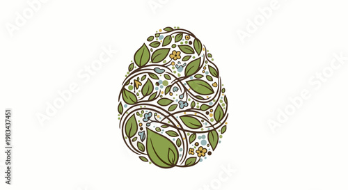 An egg shape filled with swirling vines, green leaves, and small flowers