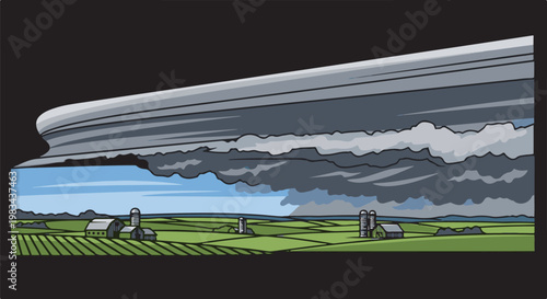 Approaching storm over a rural farmland with silos and barns