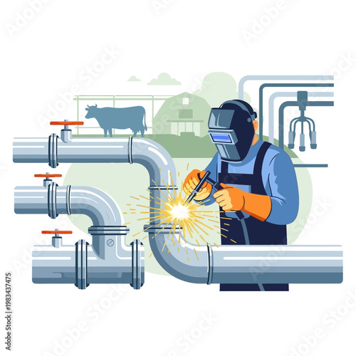 Farmer welding pipes for agricultural irrigation and livestock feeding system