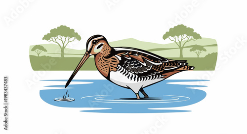 Bird with long beak stands in water, grassy landscape with trees