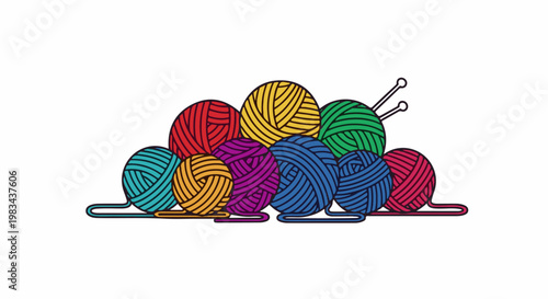 Colorful balls of yarn with knitting needles on a white background