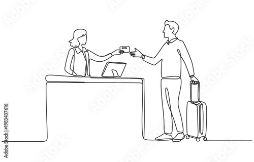 Hotel receptionist handing key card to male guest with suitcase check in front desk line drawing single line receptionist check in suitcase computer employee business accommodation