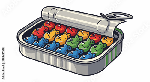 Colorful cartoon sardine tin with many small fish packed inside