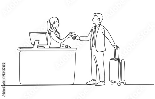 Hotel receptionist handing key card to male guest with suitcase check in front desk line drawing single line receptionist check in suitcase computer employee business accommodation