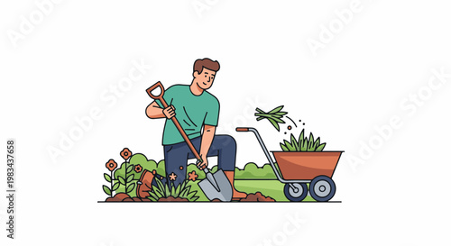 Man digging garden with shovel and wheelbarrow