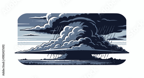 Dark, pixelated, storm clouds with rain over a body of water and grass