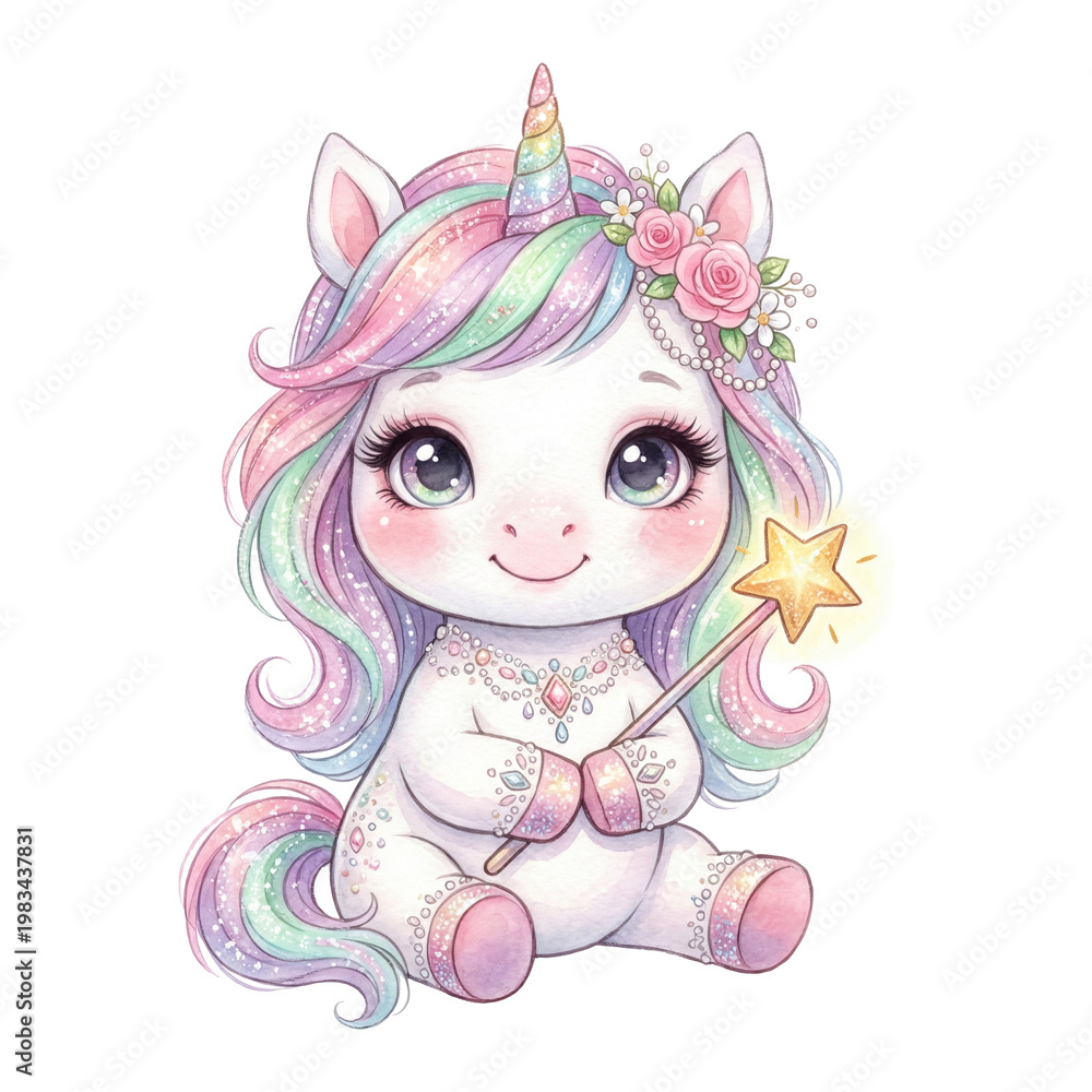 Fototapeta premium Cute unicorn. Dreamy illustration. Magic vibe. Birthday number.