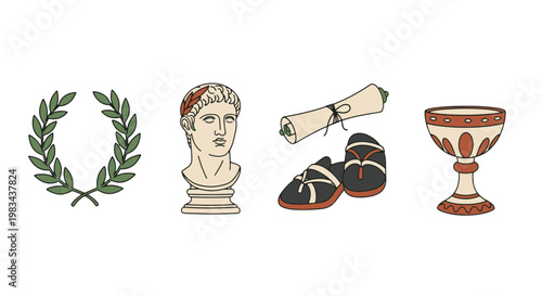 Ancient Roman Empire Laurel Wreath Bust Scroll Sandals Goblet