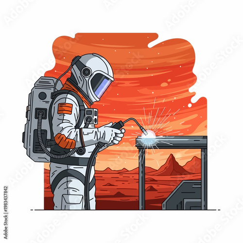 Astronaut welding on Mars, space exploration, futuristic construction, sci-fi illustration