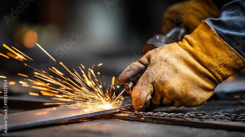 A close-up of a metalworking drill, creating sparks as it operates on a component