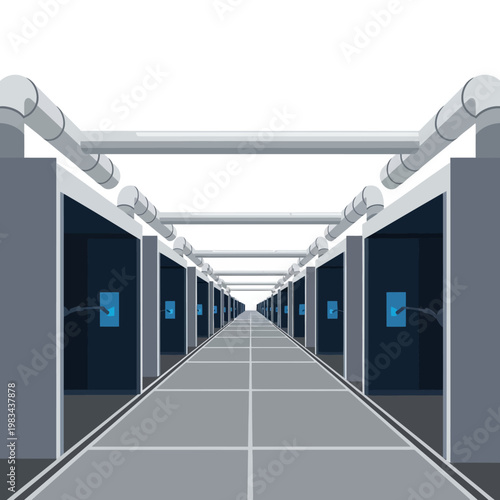 Infinite corridor with dark rooms and blue lights, modern industrial architecture