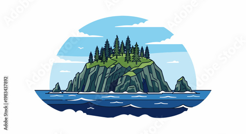 Rocky island with pine trees surrounded by blue ocean waves