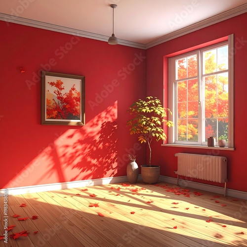 A red room with a window, plant, and scattered petals