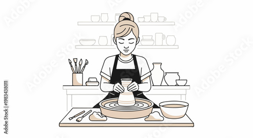 Person focused on crafting a vase on a spinning wheel, surrounded by tools and pottery