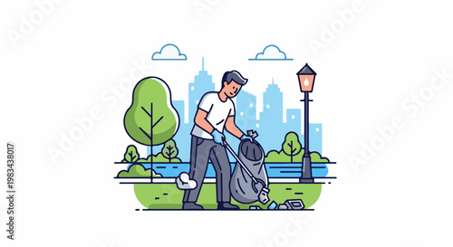 Person cleaning park with city background, tree, lamp, water