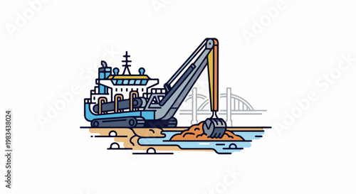 Dredger working in water near a bridge construction site