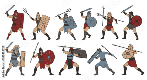 Roman Gladiators in Dynamic Combat Poses Ancient Empire Warriors