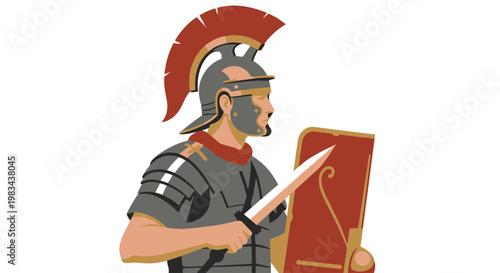 Roman Soldier in Armor and Helmet Holding a Gladius Sword and Scutum Shield