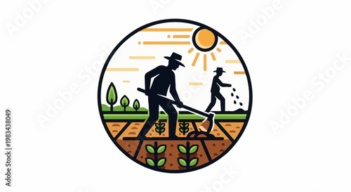 Farmers tending fields under a bright sun, tilling and sowing crops