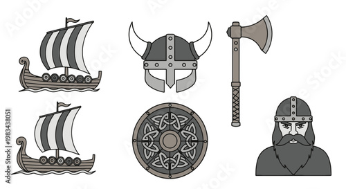 Viking Ship Helmet with Horns Viking Warrior Axe and Shield