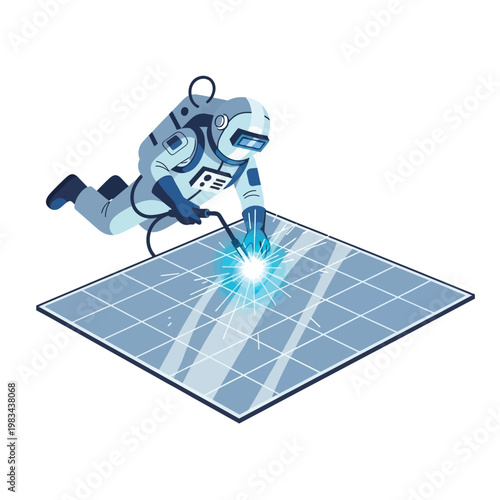 Astronaut welding solar panel in space, renewable energy, futuristic technology concept
