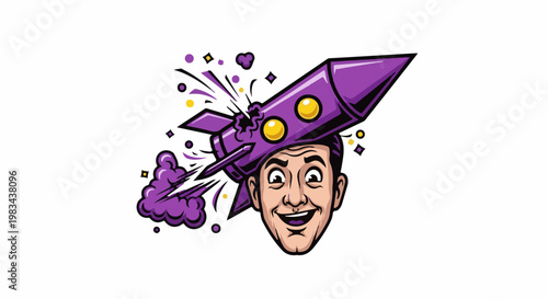 Man with a purple rocket stuck on his head, cartoon style