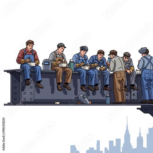 Construction Workers Lunch Break on Steel Beam - Retro Style Illustration