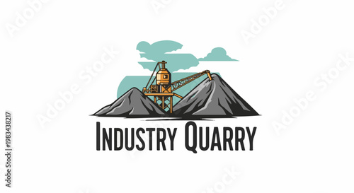 Industrial crane loads gravel onto large mounds of rock, sky