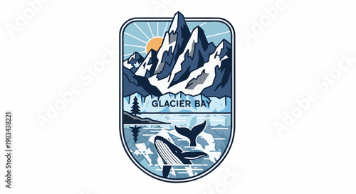 Stylized illustration of a coastal mountain range with a whale in the ocean below