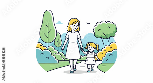 Mother and daughter stroll through a park with trees and bushes