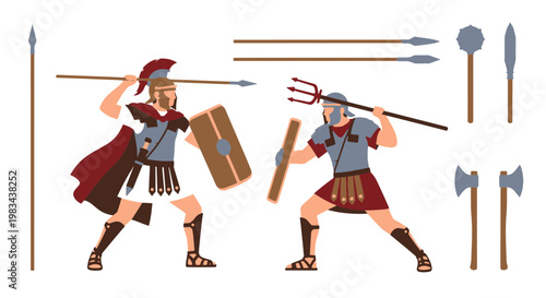 Ancient Roman Empire Gladiators in Combat with Shields and Spears