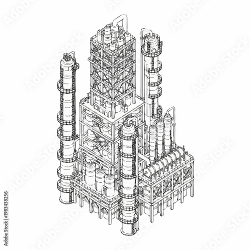 Detailed isometric line drawing of a complex industrial refinery plant with multiple towers and pipes.