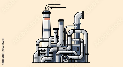 Minimalist industrial pipes and smokestack with smoke plumes