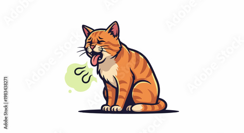 Orange tabby cat sitting and coughing with a green gas cloud