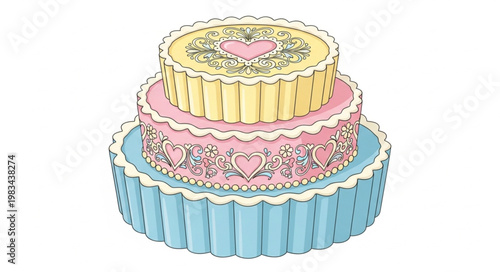 Three Tier Celebration Cake with Pink Heart Decoration.